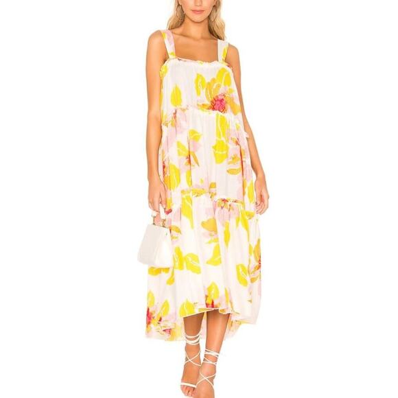 Free People Moonshine Midi Flower Linen Tiered Dress Anthropologie Boho Hippie - Picture 1 of 8